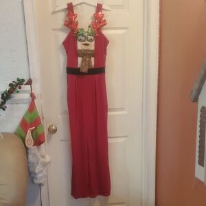 Festive Red Jumpsuit with Reindeer Design